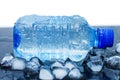 Cold mineral water bottle with ice cubes Royalty Free Stock Photo