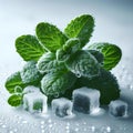 cold mint herb with large drops of condensation on them on white background