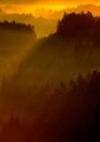 Cold misty foggy morning in a fall valley of Bohemian Switzerland park. Hills with fog, landscape of Czech Republic, sun beam in Royalty Free Stock Photo