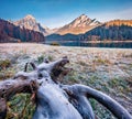 Cold morning on Obersee lake valley with Brunnelistock peak. Frosty autumn scene of Swiss Alps, Nafels village location, canton of Royalty Free Stock Photo