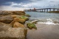 Cold morning seascape with rocky beach and pier, Konakli Turkey. Royalty Free Stock Photo