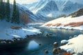 cold mountain river against background of snow-caed hills Royalty Free Stock Photo