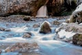 Cold mountain river flows between stones with snow and ice, selective focus, waterfall in the background, long exposure, Karachay- Royalty Free Stock Photo