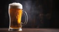 Cold mug with beer with overflowing foam on wooden table Royalty Free Stock Photo