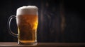 Cold mug with beer with overflowing foam on wooden table