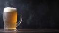 cold mug with beer, with overflowing foam, on wooden table and dark background. AI Generative Royalty Free Stock Photo