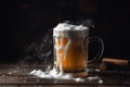 Cold mug with beer, with overflowing foam, on wooden table and dark background. Generative AI