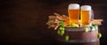 Cold mugs of beer, wheat ears and green hops on a wooden barrel Royalty Free Stock Photo