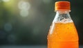 Cold orange beverage in a condensation-covered plastic bottle. The refreshing drink with bubbly liquid, clear transparent Royalty Free Stock Photo