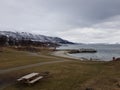 Cold and overcast day in northern norway with snowy mountains and calm seas