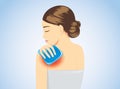 Cold pack on swelling shoulder of woman for pain relief. Royalty Free Stock Photo