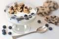 Cold parfait dessert with creamy yogurt, crumbled chocolate chip cookies and blueberries.