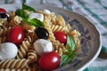 Cold Pasta With Mini Mozzarella, Cherry Tomato, Basil Leaves, Black Olives And RosÃÂ© Wine Cerasuoloe