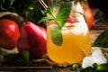 Cold pear juice, iced summer non-alcoholic cocktail with mint, old wooden table background, selective focus Royalty Free Stock Photo