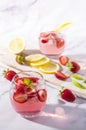 Cold pink strawberry flavoured jin and tonic garnished with fresh fruits and mint leaves