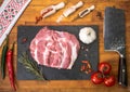 Cold platter of fresh meat on wooden table