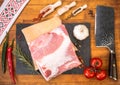 Cold platter of fresh meat on wooden table