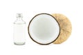 Cold pressed coconut oil in bottle with fresh coconuts on white background Royalty Free Stock Photo
