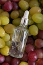 Cold pressed grape oil. Organic bio care products with natural ingredients. Close-up grapes and copy space. Halved grapes and grap