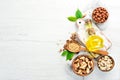 Cold pressed nut oil. Assortment of nuts. Royalty Free Stock Photo