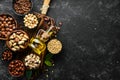 Cold pressed nut oil. Assortment of nuts. Royalty Free Stock Photo