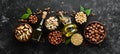 Cold pressed nut oil. Assortment of nuts. Royalty Free Stock Photo