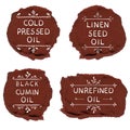 `Cold pressed oil` linen seed oil` `black cumin oil` `unrefined oil`. Hand drawn elements on black paint spots. VECTOR