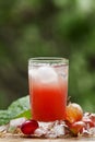 Cold red grape juice on natural green background, selective focus