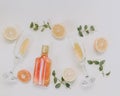 Cold refreshing alcohol drink bottle with two glasses , orange and lemon slices decoration on a white background .Top view, flat l Royalty Free Stock Photo