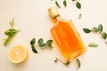 Cold refreshing alcohol drink bottle with two glasses , orange and lemon slices decoration on a white background .Top view, flat l Royalty Free Stock Photo