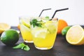 Cold refreshing citrus drinks with lemon and limes. Tropical concept.
