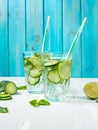 Cold and refreshing infused detox water with lime, mint and cucumber in a glass on wood background Royalty Free Stock Photo