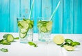 Cold and refreshing infused detox water with lime, mint and cucumber in a glass on wood background Royalty Free Stock Photo