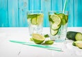 Cold and refreshing infused detox water with lime, mint and cucumber in a glass on wood background Royalty Free Stock Photo