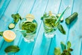 Cold and refreshing infused detox water with lime, mint and cucumber in a glass on wood background Royalty Free Stock Photo