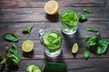 Cold and refreshing infused detox water with lime, mint and cucumber in a glass on wood background Royalty Free Stock Photo