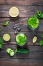 Cold and refreshing infused detox water with lime, mint and cucumber in a glass on wood background Royalty Free Stock Photo