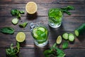 Cold and refreshing infused detox water with lime, mint and cucumber in a glass on wood background Royalty Free Stock Photo