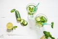 Cold and refreshing infused detox water with lime, mint and cucumber in a glass on wood background Royalty Free Stock Photo