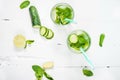 Cold and refreshing infused detox water with lime, mint and cucumber in a glass on wood background Royalty Free Stock Photo