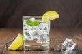 Cold refreshing sparkling water in a glass with ice, lemon or lime and mint. Royalty Free Stock Photo