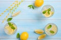 Cold refreshing summer drink with lemon and mint on light blue wooden background. Royalty Free Stock Photo