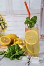 Cold refreshing summer drink with lemon and mint on wooden background Royalty Free Stock Photo