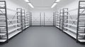Cold room in warehouse with empty racks, white shelves on metal base. Interior of industrial storage freezer with walls