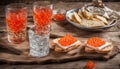 Cold Russian vodka with ice and small snacks sandwiches with butter and red salmon caviar on an old wooden table in rustic style,