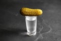 Cold Russian vodka with pickle on black table