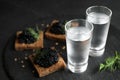 Cold Russian vodka and sandwiches with black caviar on table