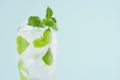 Cold shine sparkling drink for party with green leaves mint, ice cubes and tonic in elegant glass on mint color wall, closeup.