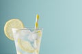 Cold shine sparkling refreshing drink for party with lemon slices, ice cubes, tonic, yellow straw in elegant glass on mint color. Royalty Free Stock Photo