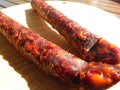 Cold-smoked cured pork and beef sausage